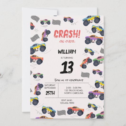 Kleurrijke Monster Trucks Racing Kids Verjaardagsf Kaart (Voorkant)