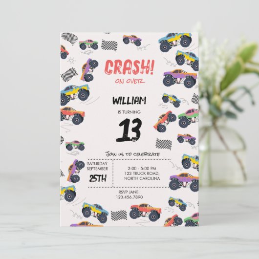 Kleurrijke Monster Trucks Racing Kids Verjaardagsf Kaart (Staand voorkant)
