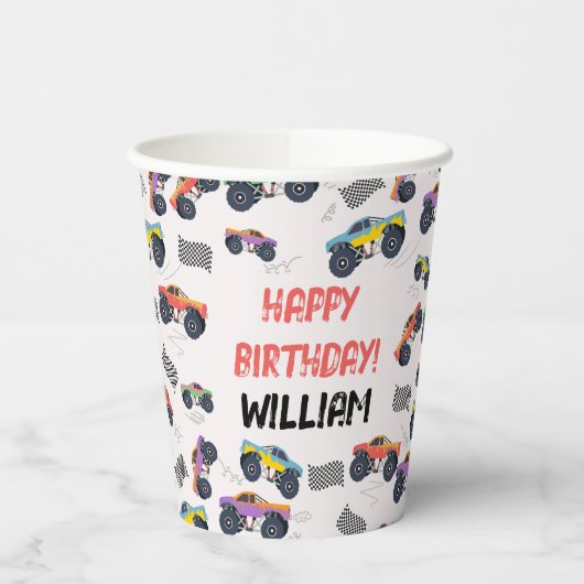 Kleurrijke Monster Trucks Racing Kids Verjaardagsf Papieren Bekers (Links)