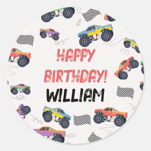 Kleurrijke Monster Trucks Racing Kids Verjaardagsf Ronde Sticker (Voorkant)