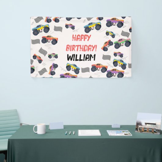 Kleurrijke Monster Trucks Racing Kids Verjaardagsf Spandoek (Beurs)