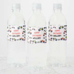 Kleurrijke Monster Trucks Racing Kids Verjaardagsf Waterfles Etiket