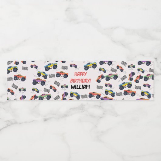 Kleurrijke Monster Trucks Racing Kids Verjaardagsf Waterfles Etiket (Enkel label)