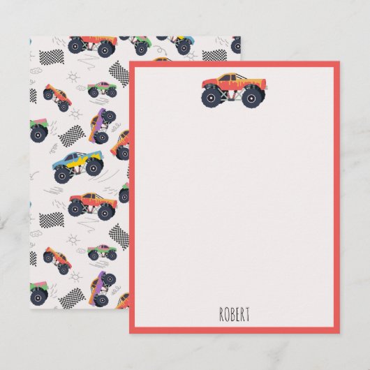 Kleurrijke Monster Trucks Racing Kinder aangepaste Notitiekaartje (Voorkant / Achterkant)