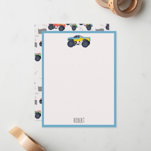 Kleurrijke Monster Trucks Racing Kinder aangepaste Notitiekaartje (Voorkant / Achterkant in situ)