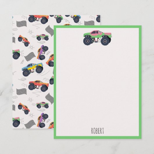 Kleurrijke Monster Trucks Racing Kinder aangepaste Notitiekaartje (Voorkant / Achterkant)