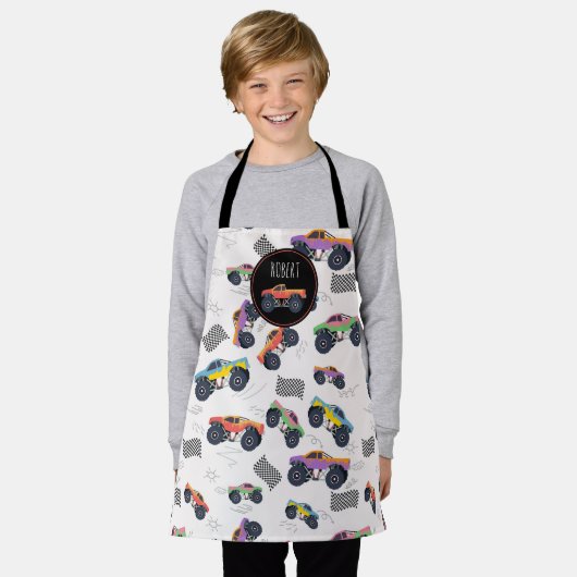 Kleurrijke Monster Trucks Racing Kinder aangepaste Schort (Gedragen)