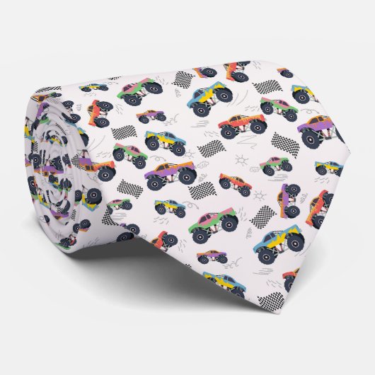 Kleurrijke Monster Trucks Racing Kinder Patroon Stropdas (Opgerold)