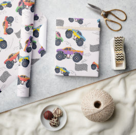 Kleurrijke Monster Trucks Racing Patroon Cadeaupapier