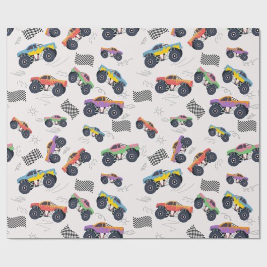 Kleurrijke Monster Trucks Racing Patroon Cadeaupapier (Vlak)