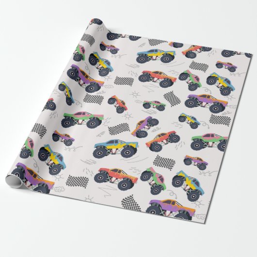 Kleurrijke Monster Trucks Racing Patroon Cadeaupapier (Uitgerold)