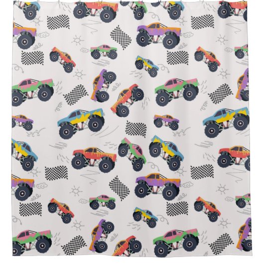 Kleurrijke Monster Trucks Racing Patroon Douchegordijn (Voorkant)
