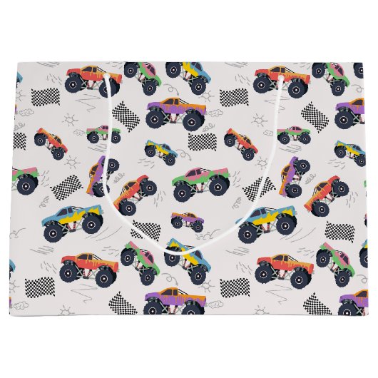 Kleurrijke Monster Trucks Racing Patroon Groot Cadeauzakje (Voorkant)