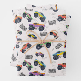 Kleurrijke Monster Trucks Racing Patroon Inpakpapier Vel