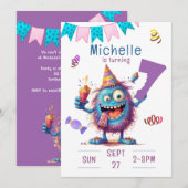 Kleurrijke Monster Zeven Jaar Verjaardag Uitnodigi Kaart (Voorkant / Achterkant)