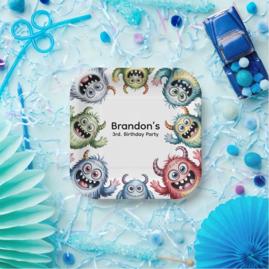 Kleurrijke Monsters 3e. verjaardagsfeestje Papieren Bordje (Feest)