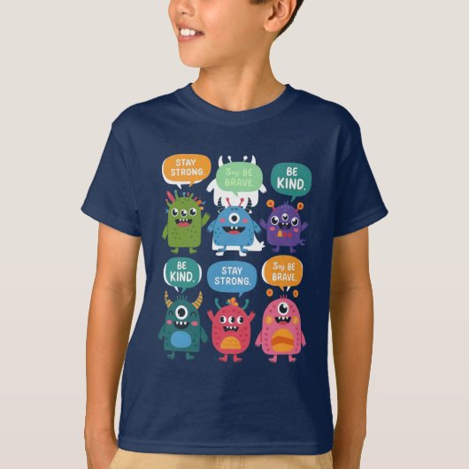 Kleurrijke monsters met positieve boodschappen t-shirt (Voorkant)