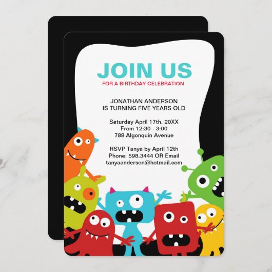 Kleurrijke monsters - Uitnodiging voor verjaardags (Voorkant / Achterkant)