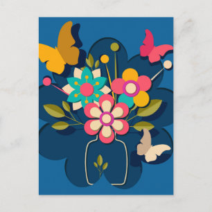 Kleurrijke Mooie Moderne Bloemen Boeket op Blauw Briefkaart