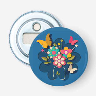 Kleurrijke Mooie Moderne Bloemen Boeket op Blauw Button Flesopener