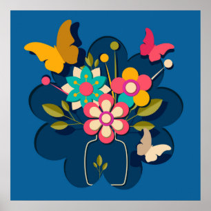 Kleurrijke Mooie Moderne Bloemen Boeket op Blauw Poster