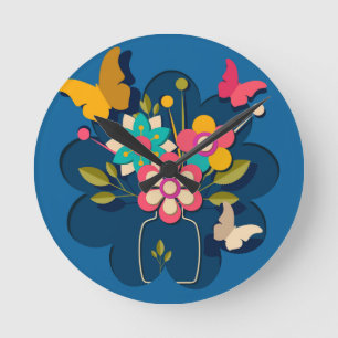 Kleurrijke Mooie Moderne Bloemen Boeket op Blauw Ronde Klok