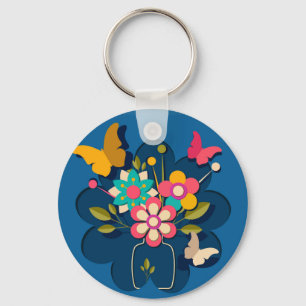 Kleurrijke Mooie Moderne Bloemen Boeket op Blauw Sleutelhanger
