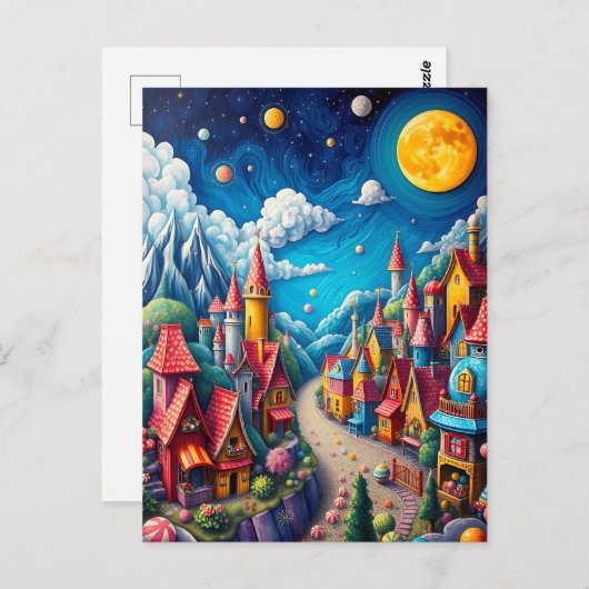 Kleurrijke Moonlit Snoep Land & Magical Village Briefkaart (Voorkant / Achterkant)