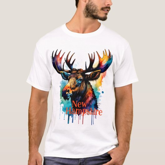 Kleurrijke Moose Waterverf New Hampshire T-shirt (Voorkant)