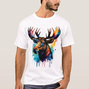 Kleurrijke Moose Waterverf T-shirt