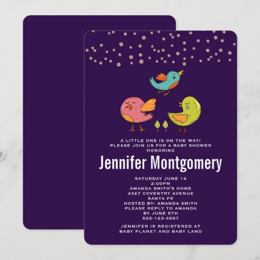 Kleurrijke Moppige Fantasievolle Vogels Baby Showe Kaart (Voorkant / Achterkant)
