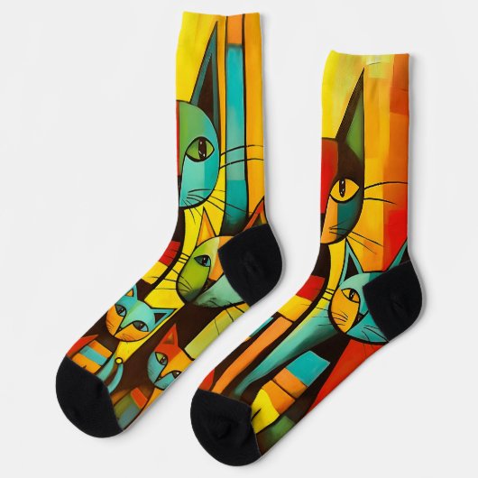 Kleurrijke Moppige Whimsical Kunst Kat Sokken (Links)