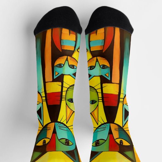 Kleurrijke Moppige Whimsical Kunst Kat Sokken (Top)