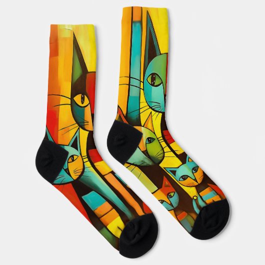 Kleurrijke Moppige Whimsical Kunst Kat Sokken (Rechts)