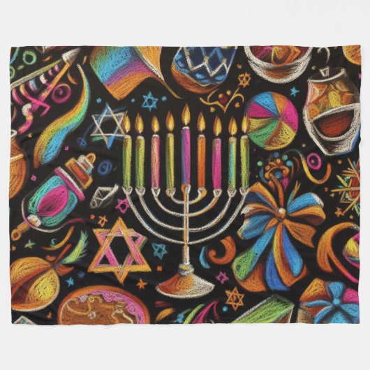 Kleurrijke motieven Chanoeka Menorah Fleece Deken (Voorkant (Horizontaal))