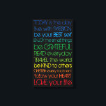 Kleurrijke motivatie canvas afdruk<br><div class="desc">11 kleurrijke en aanpasbare offertes met een zwarte achtergrond. Alle citaten: -VANDAAG is de dag -leef met PASSIE -wees je BESTE zelf -GENIET van de kleine dingen -WEES DANKBAAR -LEES elke dag -REIS de wereld -wees vriendelijk voor anderen -KOESTER elk moment -volg je HART -HOU VAN je leven</div>