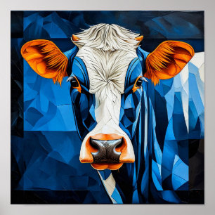 Kleurrijke mozaïek boerderij koe glas in lood poster