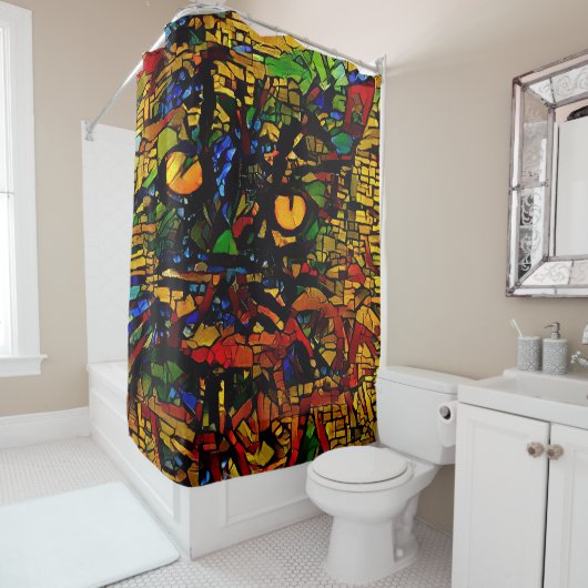 Kleurrijke Mozaïek Cat Art Prin Douchegordijn (In situ)