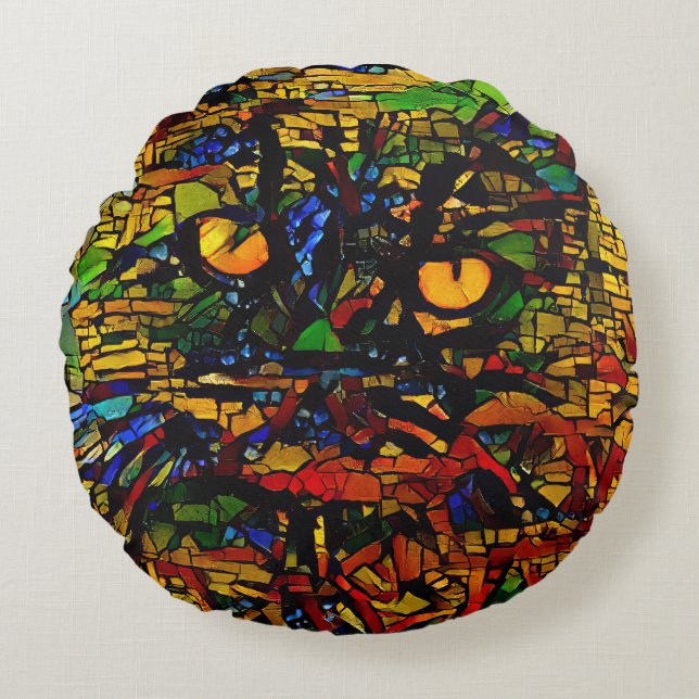 Kleurrijke Mozaïek Cat Art Prin Rond Kussen (Voorkant)