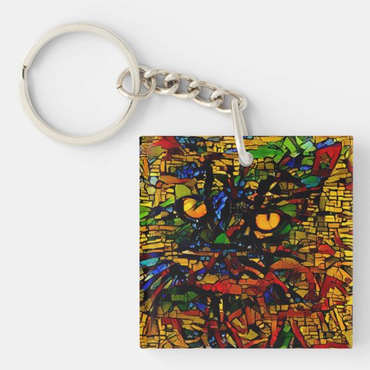 Kleurrijke Mozaïek Cat Art Prin Sleutelhanger (voorkant)