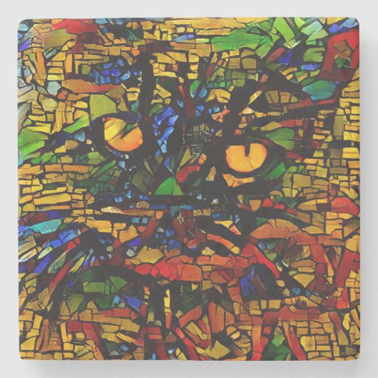 Kleurrijke Mozaïek Cat Art Prin Stenen Onderzetter (Voorkant)