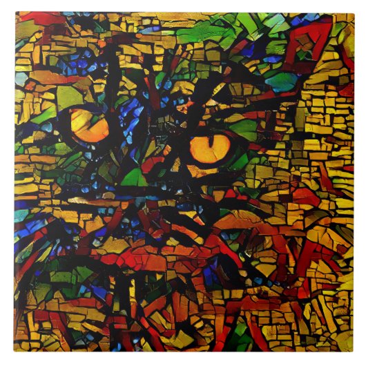 Kleurrijke Mozaïek Cat Art Prin Tegeltje (Voorkant)