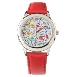 Kleurrijke Mozaïek Harten en Krullen Whimsical Kin Horloge