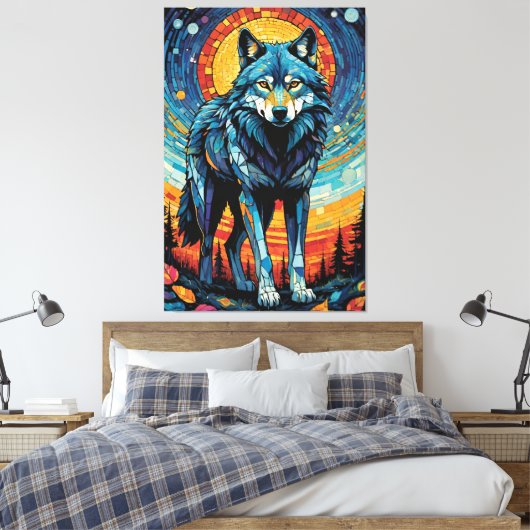 Kleurrijke Mozaïek Illustratie van Majestic Wolf Canvas Afdruk (Insitu (Slaapkamer))