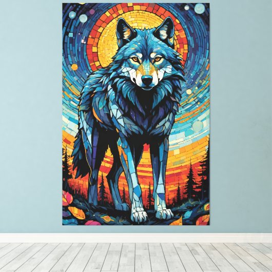 Kleurrijke Mozaïek Illustratie van Majestic Wolf Canvas Afdruk (Insitu (Houten vloer))