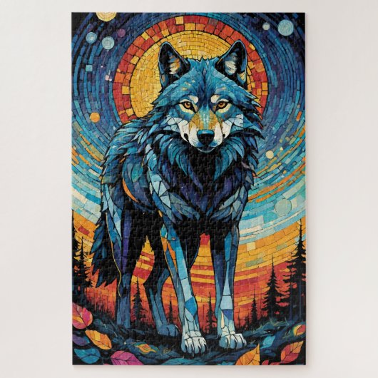 Kleurrijke Mozaïek Illustratie van Majestic Wolf Legpuzzel (Verticaal)