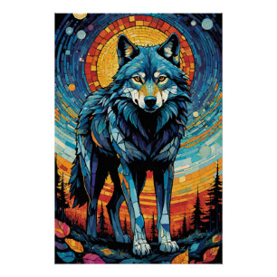 Kleurrijke Mozaïek Illustratie van Majestic Wolf Perfect Poster