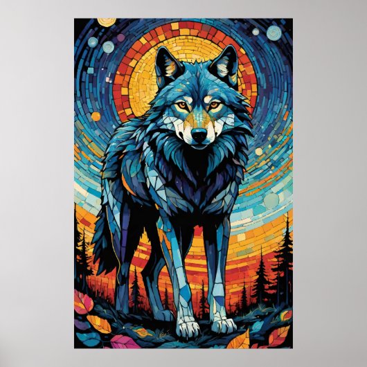 Kleurrijke Mozaïek Illustratie van Majestic Wolf Poster (Voorkant)