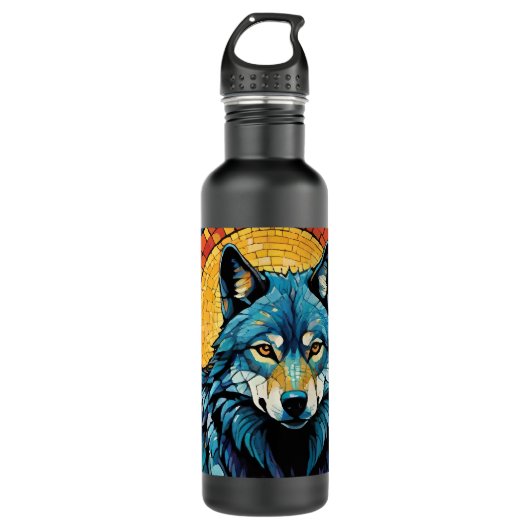 Kleurrijke Mozaïek Illustratie van Majestic Wolf Waterfles (Voorkant)