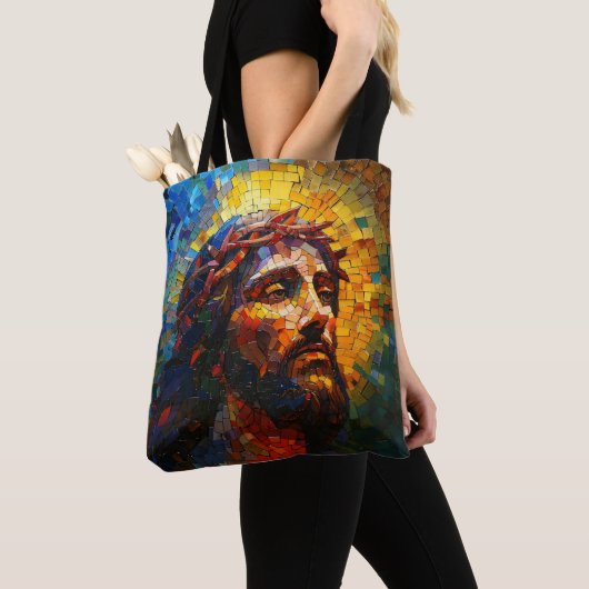 Kleurrijke mozaïek Jezus Tote Bag (Dichtbij)